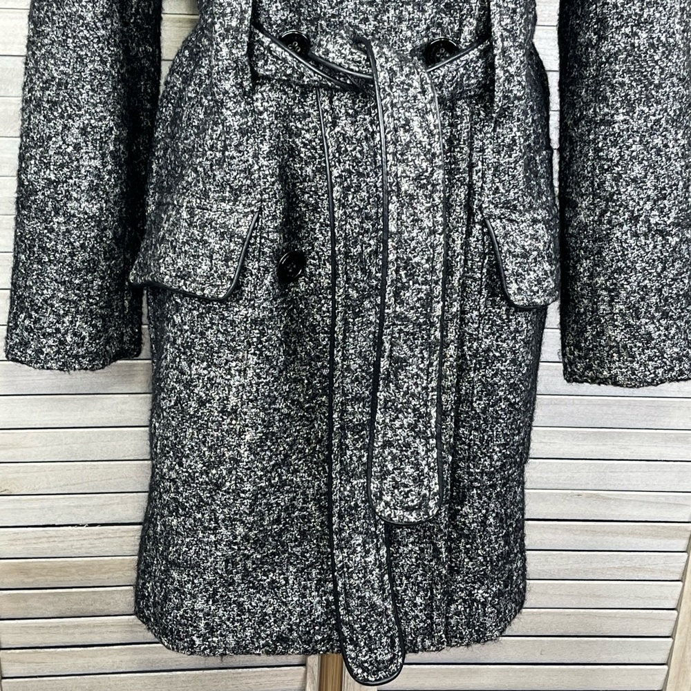 CALVIN KLEIN Tweed Wool Blend Coat w Belt Black & White-Small - Picture 3 of 6